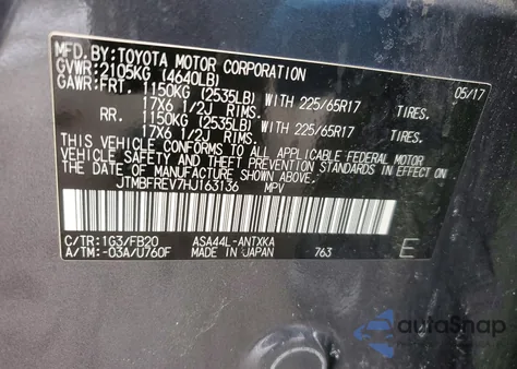 2017 Toyota Rav4 Le z USA, uszkodzony, nr VIN JTMBFREV7HJ163136